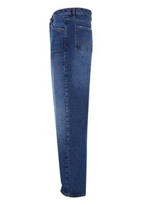 Jeans i mellanmörkblå denim med rak benform, bakficka och subtil kontrasterande söm längs sömmarna.