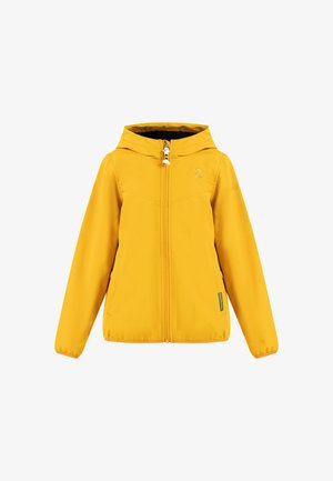 Gelbe Kapuzenjacke mit Frontreißverschluss und elastischen Bündchen, für Kinder entworfen, auf weißem Hintergrund dargestellt.
