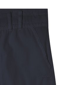 Shorts bleu marine en tissu léger, dotés de deux poches latérales et d'une broderie de marque sur le bas à droite. Texture lisse.