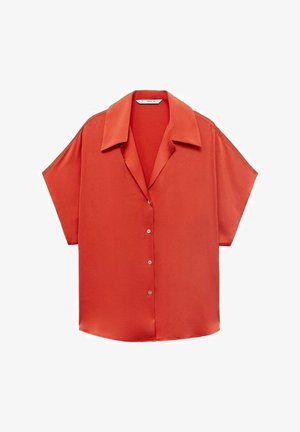 Red short-sleeve button-up shirt in smooth fabric, featuring a large collar, a straight hem, and five visible buttons on the front.