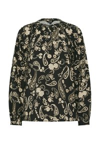 Schwarze Bluse mit langen Ärmeln, einem cremefarbenen Blumen- und Paisley-Muster, rundem Halsausschnitt und Knopfdetail an der Vorderseite, aus leichtem Stoff gefertigt.