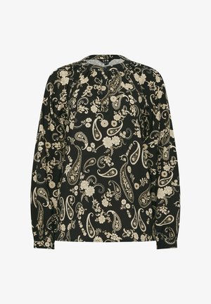 Blusa negra de manga larga con un patrón floral y de paisley crema, escote redondo y detalle de botones en la parte delantera, hecha de tela ligera.