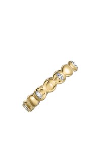 Goldfarbener Ring mit sanft gerundeten Formen, die von fünf ovalen weißen Steinen unterbrochen werden und ein strukturiertes sowie poliertes Design schaffen.