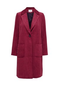 Abrigo de corduroy burdeos con cuello de muesca, cierre de un solo botón, mangas largas y dos bolsillos delanteros. Tejido texturizado con líneas verticales.