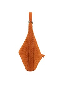 Orange geflochtene Handtasche mit Diamantmuster, glatter Textur und kurzem, gepolstertem Träger. Keine sichtbaren Metallelemente oder Verzierungen.