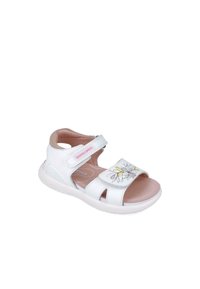 Sandalino bianco con design floreale, cinturino in velcro regolabile, punta aperta, soletta rosa chiaro e suola in gomma bianca.
