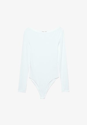 Langärmliger weißer Bodysuit mit weitem Ausschnitt, aus weichem, dehnbarem Stoff, mit schmalem Schnitt und hoch geschnittenen Beinausschnitten.