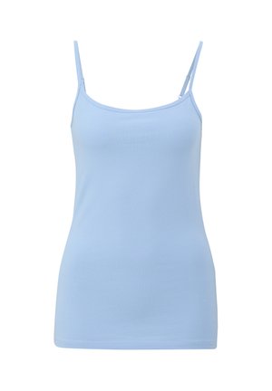 Light blue tank top made of stretchy fabric, featuring thin adjustable straps and a fitted silhouette with a smooth texture.