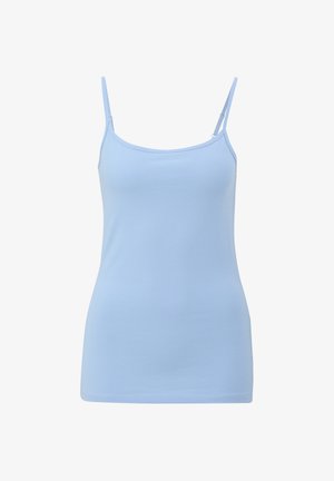 Light blue tank top made of stretchy fabric, featuring thin adjustable straps and a fitted silhouette with a smooth texture.