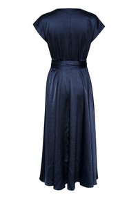 Navyblaues Kleid mit tailliertem Schnitt, fließendem Rock, Kurzärmeln und glänzender Textur. Mit einem glatten Rückendesign und knielanger Länge.