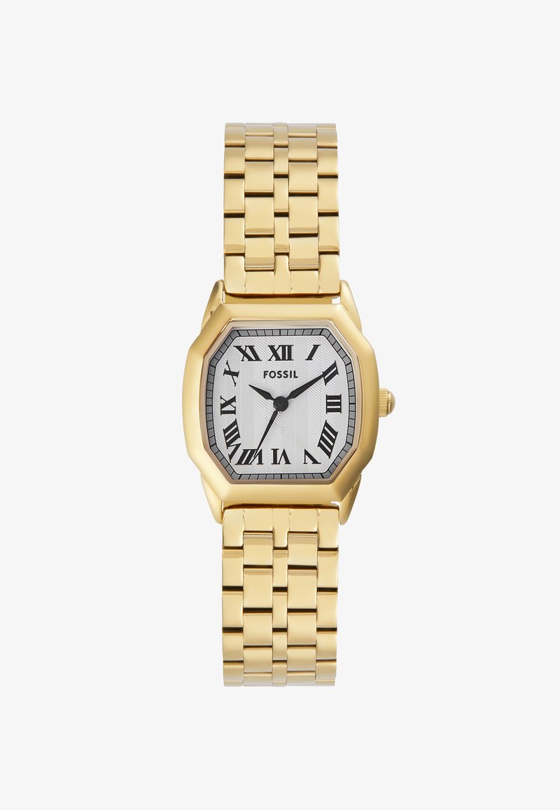 Goldfarbene, achteckige Uhr mit einem strukturierten weißen Zifferblatt, römischen Ziffern und einem Gliederarmband-Design. Der Markenname "Fossil" ist auf dem Zifferblatt zu sehen.