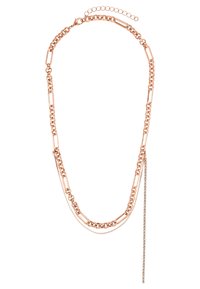 Collana in oro rosa con catene intrecciate, una sezione con anelli rettangolari piatti e una catena pendente con piccoli dettagli.