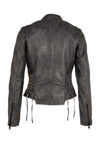 Schwarze Lederjacke mit kunstvollen Schnürdetails an den Seiten, Reißverschlussärmeln und einem taillierten Schnitt, der ein strukturiertes Design betont.