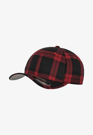 Cappellino a scacchi nero e rosso con visiera curva, cinturino regolabile sul retro e parte inferiore della visiera grigia. Realizzato in materiale tessile.