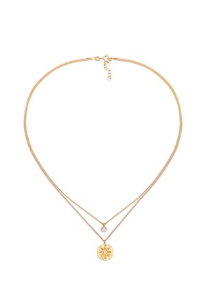 Gold-tone necklace with two layered chains. One chain features a circular pendant with sun motif; the other has a small round charm.