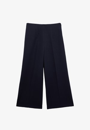 Pantalon large bleu marine à plis sur le devant, taille haute, fermeture éclair sur le côté, posé à plat sur fond blanc.