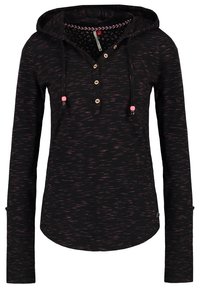 Schwarzer Hoodie mit langen Ärmeln und pinken Sprenkeln, Knopfverschluss, Kordeln mit pinken Perlen und gemustertem Futter in der Kapuze.