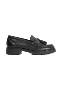 Black leather loafers with a tassel accent, a sleek rounded toe, and a chunky, textured outsole for traction and style.