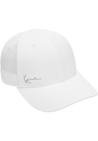 Căciulă de baseball albă din bumbac, cu șase panouri, visieră curbată și un logo gri, brodat pe față.