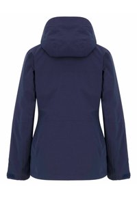 Navy blue waterproof jacket with a hood, featuring a smooth texture, fitted design, and adjustable cuffs. Back view shows no visible hardware.