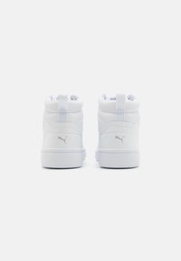White high-top sneakers with a smooth synthetic upper, padded collar, and heel pull tab. Features subtle logo detailing in gray.