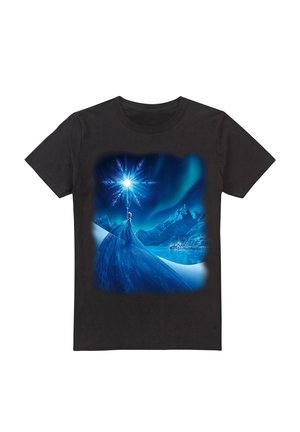 Black cotton t-shirt featuring a blue graphic of a character in a sparkling dress, surrounded by snow-capped mountains and a night sky.
