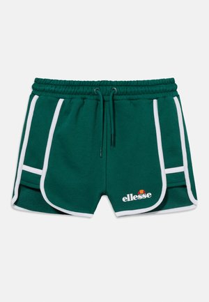 Shorts de sport vert foncé avec bordure blanche, taille élastique avec cordon de serrage et logo "ellesse" sur la jambe gauche.