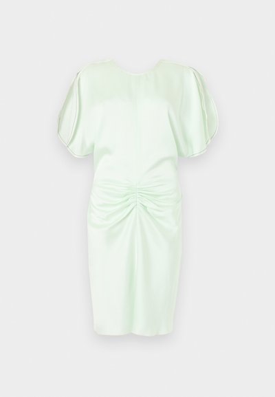 Φόρεμα σε μέντα πράσινο με κοντά φουσκωτά μανίκια, λεπτομέρεια με πιέτες στη μέση, λεία υφή από σατέν και στρογγυλή λαιμόκοψη.