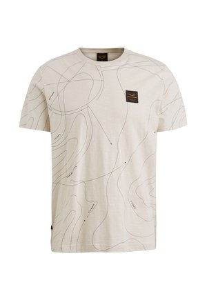 Short-sleeve beige t-shirt featuring a black contour line pattern. Includes a small brand label on the front left. Soft fabric texture.