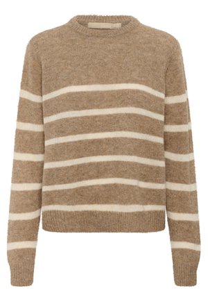 Brown fuzzy knit sweater with wide horizontal cream stripes across body and sleeves, featuring ribbed cuffs and hem.