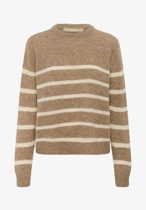 Maglione lavorato a maglia marrone con ampie strisce orizzontali crema su corpo e maniche, dotato di polsini e orlo a costine.