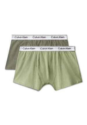 Deux paires de boxers pour hommes Calvin Klein en vert clair et vert foncé avec des ceintures élastiques blanches affichant le logo Calvin Klein.