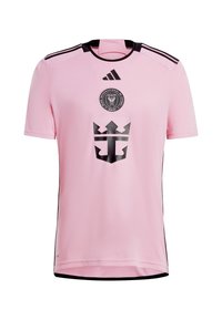 Rosafarbenes Fußballtrikot mit schwarzem Adidas-Logo, Club Internacional de Fútbol Miami-Wappen und einem schwarzen stilisierten Kronenemblem auf der Vorderseite.