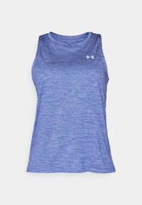 Ärm-lös atletisk tanktopp i melerat blått tyg. Har en rund halsringning och en liten vit logotyp på den övre vänstra bröstområdet.