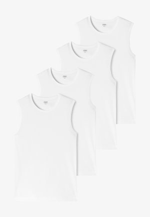Vier weiße ärmellose T-Shirts aus Baumwolle, mit Rundhalsausschnitten und glatter Textur, aufeinander gestapelt präsentiert.