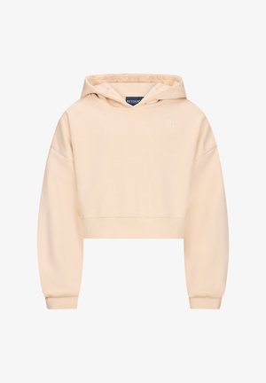 Beige verkürzter Hoodie mit langen Ärmeln, gerippten Bündchen und Saum, Kapuze und dezentem "RJ"-Stick auf der Brust.