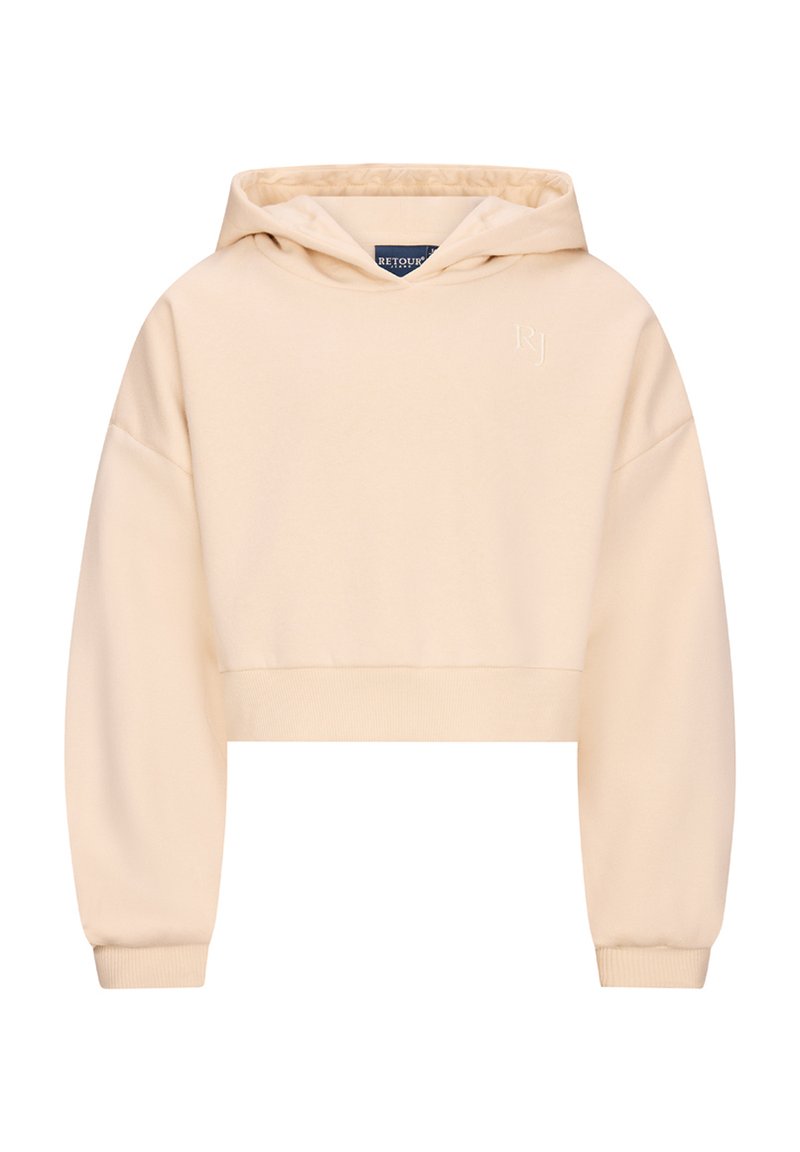 Felpa corta beige con maniche lunghe, polsini e orlo a coste, un cappuccio e una sottile ricamo "RJ" sul petto.