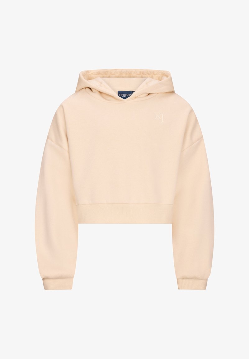 Felpa corta beige con maniche lunghe, polsini e orlo a coste, un cappuccio e una sottile ricamo "RJ" sul petto.