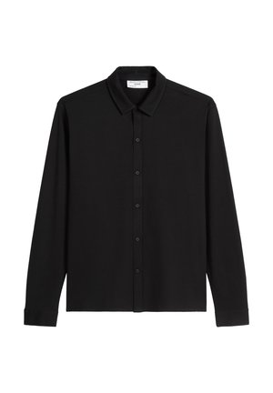 Maglietta nera a maniche lunghe realizzata in tessuto morbido, con colletto a punta, bottoni frontali e polsini con bottone. Design semplice e minimalista.