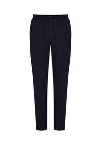 Navyblauwe, lichte broek met een elastische tailleband en een taps toelopend ontwerp. Gladde textuur, geen zichtbare patronen of hardwaredetails.