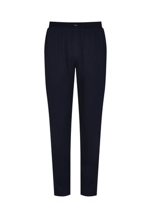 Granatowe, lekkie spodnie z elastycznym paskiem w talii i zwężanym krojem. Gładka tekstura, bez widocznych wzorów ani detali metalowych.