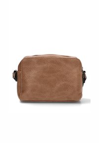 Bolso de cuero marrón con una superficie texturizada, forma rectangular, cierre superior con cremallera y un lazo lateral para acoplar o llevar.