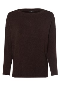 Pull marron à manches longues avec un col rond large et une coupe décontractée. Fabriqué en tissu doux, il présente une texture subtile sans motifs ni ornements.
