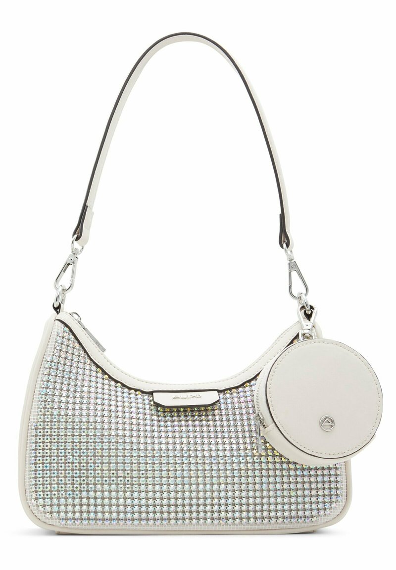 Biała torebka o zaokrąglonym kształcie, pokryta małymi srebrnymi kryształkami. Posiada odpinaną okrągłą saszetkę oraz kontrastowy pasek.