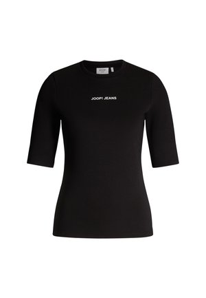 Zwarte T-shirt met korte mouwen van katoen, met het "JOOP! JEANS" logo in het wit aan de voorkant. Eenvoudig, aansluitend ontwerp met een ronde hals.
