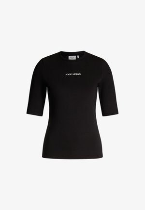 T-shirt noir à manches courtes en coton, arborant le logo "JOOP! JEANS" en blanc sur le devant. Design simple et ajusté avec un col rond.