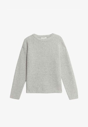 Suéter de punto acanalado gris claro con cuello redondo, hombros caídos y mangas largas. Textura suave, diseño sencillo y sin adornos visibles.
