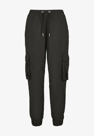 Pantaloni cargo negri din material ușor, cu talie elastică, șnur ajustabil, buzunare laterale și manșete cu dungi.