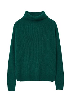 Pull en turtleneck tricoté vert foncé avec des manches longues et une texture côtelée, présenté sur un fond blanc.