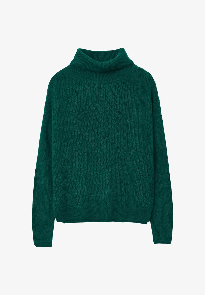 Dunkelgrüner gestrickter Rollkragenpullover mit langen Ärmeln und gerippter Oberfläche, auf einem weißen Hintergrund präsentiert.